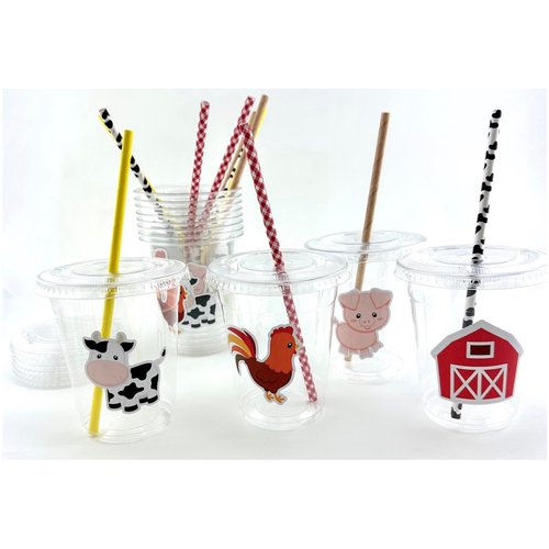 Farm Party Cups, Barnyard Birthday Supplies, Plastic Disposable Cups with Lids and Paper Straws, Set of 12