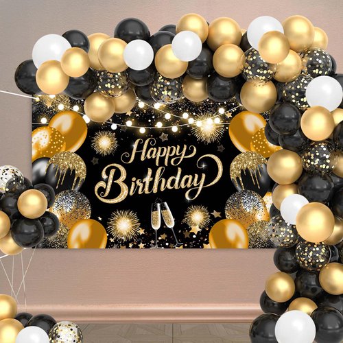 Avezano Birthday Party Decorations, Birthday Balloons Garland Arch Kit Set, Birthday Party Banner Supplies Decor for Women Girl Man (Black Gold)