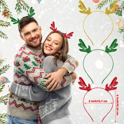 Riceshoot 9 Pcs Christmas Glitter Antlers Headband Reindeer Shaped Hairband Sequined Deer Antler Headband for Women Xmas Holiday Christmas Party Favors Costume Cosplay Party Supplies Green Gold Red