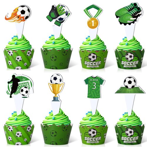 48Pcs Soccer Cupcake Toppers and Wrappers Soccer Party Supplies Soccer Cupcake Decorations for Boys Kids Teens Sport Theme Birthday Cupcake Picks for Soccer Birthday Football Holiday Party Favor Decor
