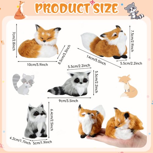 Deekin 4 Pcs Mini Simulation Fur Toy Christmas Animal Decoration Cute Furs Plush Raccoon Fox Squatting Sleeping Animals World with Static Action Figures for Home Office Desktop Decor