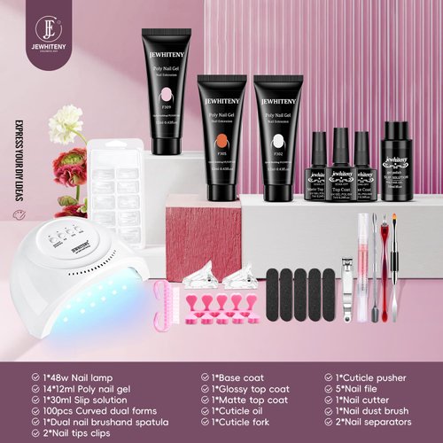 JEWHITENY 14 Colors Nude Pink Skin Tones Poly Extension Gel Kit All in One Kit All Seasons French Nails Manicure Poly Nail Gel Starter Kit with Nail Lamp Designs DIY At Home