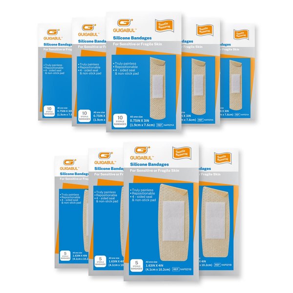 Silicone Adhesive Bandages for Sensitive Fragile Skin Various Sizes - Latex Free Bandaids for Kids and Elderly by G+ GUIGABUL 50 ct (0.75"x3") + 20 ct (1.63"x4")