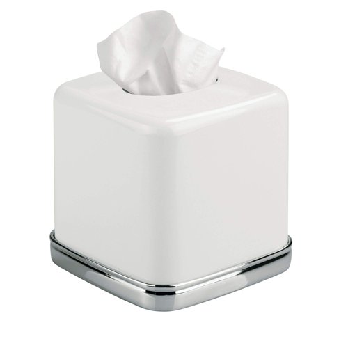 iDesign York Facial Tissue Box Cover for Bathroom and Vanity Countertops, 5.75" x 5.75" x 5.5", Chrome and White