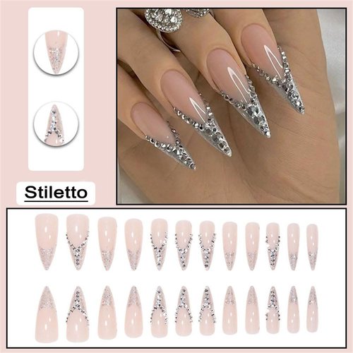 DOCVOEOMH Press on Nails Stiletto Long Almond Shaped French Acrylic Fake Nails with Rhinestones Design Glue on Glossy Full Cover Artificial False Stick on Nail for Girls Women Wedding Manicure 24Pcs