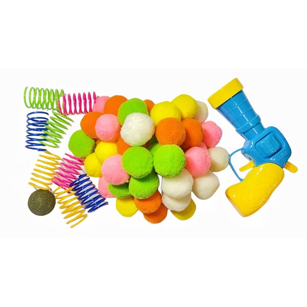 Runske 60Pcs Cat Toys Combination Set,Cat Plush Balls Toy,Cat Toy Gun Launcher,Cat Spring Toys,Catnip Ball,Cat Interactive Entertainment Toys,Cat Exercise Toys,Cat's Favorite Toy