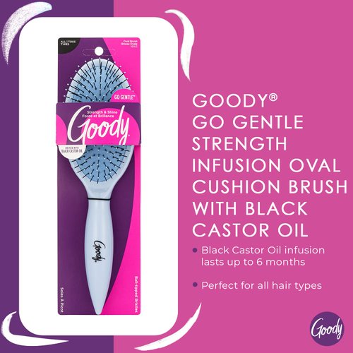 Goody Round Cushion Brush Infused with Black Castor Oil - Go Gentle - Strengthens & Shines for All Hair Types Without Tears or Breakage - Pain-Free Accessories for Women, Men, Boys, & Girls