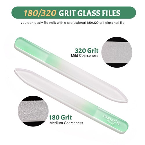 CANVALITE Glass Nail File for Natural Nails Double Sided 180/320 Grit Crystal Nail Files with Case Glass Fingernail File Stocking Stuffers for Women Girls Gifts, Light Green