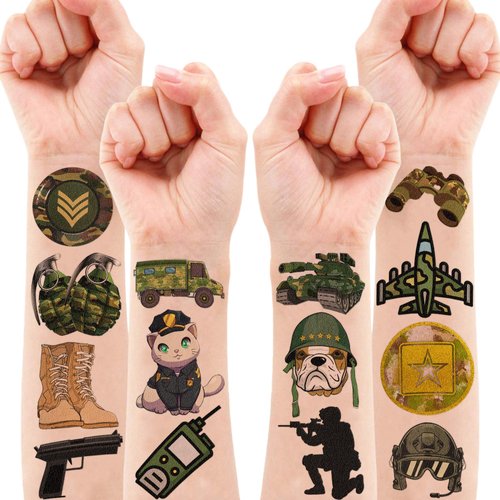Military Camo Temporary Tattoos - Memorial Day 80PCS Camouflage, Veterans Day Themed Stickers for Kids Birthday Party Supplies, Decorations, Favors and Prizes - Cute Gifts for Boys and Girls