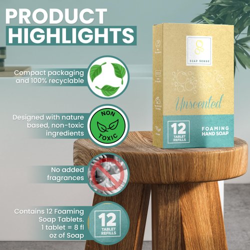 Soap Sense Foaming Hand Soap Tablets 12 Count Pack - Makes 96 fl oz Total (12x 8 fl oz Bottles of Soap) (Unscented)