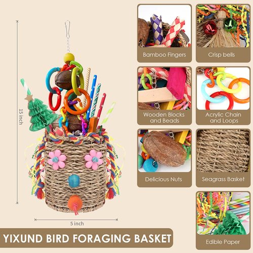 YIXUND Bird Toys,Seagrass Foraging Basket Bird Toy with Colorful Crinkly Paper Wooden Blocks Paper and Bamboo Fingers Nuts DIY Honeycomb Tree for Small Parrot Birds