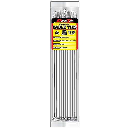 Pro Tie Standard Duty, Self-Locking Nylon Cable Wire Ties for Indoor and Outdoor Use | 14.6-Inch, 50 lbs. Tensile Strength, Natural Nylon, 100-Pack (PN: N14SD100)