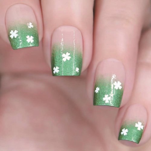 St. Patrick's Day Press on Nails Short Square French Fake Nails Green Gradient Full Cover White Clover False Nails with Designs Glossy Glue on Nails Acrylic Artificial Nails for Women Girls 24Pcs