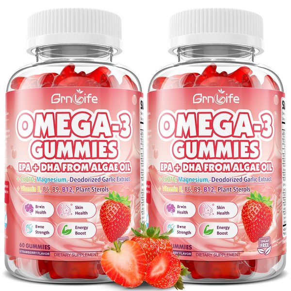 2 Pack Vegan Omega 3 Gummies 1000mg+CoQ10+Magnesium - w/Algae EPA 600mg & DHA 400mg, Fish Oil Omega-3 Supplements Alternative for Adults, for Brain, Eye, Immune Health, Strawberry Flavor, 120 Count