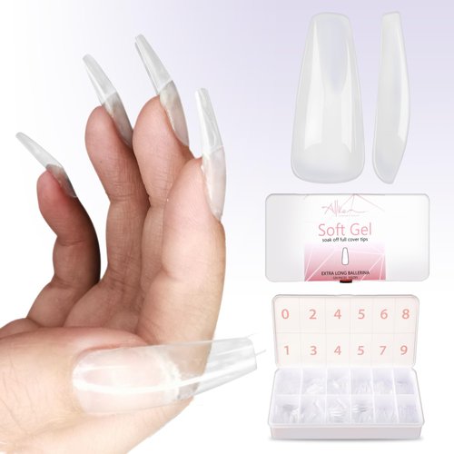 Allkem Soft Gel Nail Tips - XL Ballerina Nail Extensions - 12 Sizes Extra Long Full Cover Nails - Clear (504 Pieces)