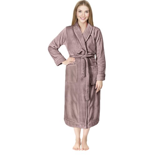 NY Threads Womens Fleece Bath Robe - Shawl Collar Soft Plush Spa Robe, Taupe, Medium