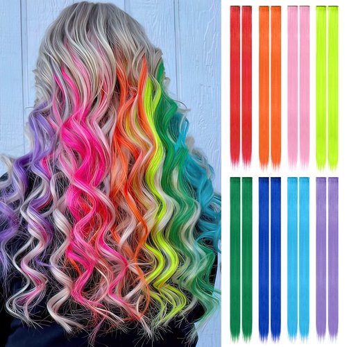 FESHFEN Colored Hair Extensions, 16 PCS 8 Colors Rainbow Hairpieces for Women Highlight Colorful Straight Clip in Hair Extensions Daily Party Costumes Hair Pieces for Girls Dolls, 22 inch