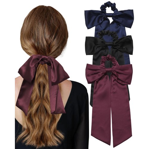 Silk Satin Hair Bow Scrunchies - 3PCS Solid Bow Hair Ties Scrunchy Bowknot Ponytail Holder for Women or Girls (Black/Beige/Pink)