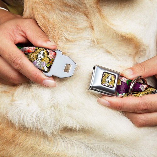 Dog Collar Seatbelt Buckle Rapunzel Poses Floral Collage Sketch Purple 9 to 15 Inches 1.0 Inch Wide