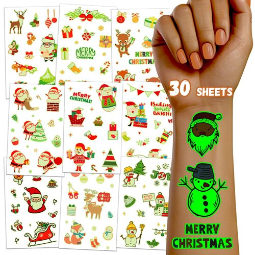 TatoYard 30 Sheets of Bulk Christmas Temp Tattoos for Girls and Boys, Kids' Birthday Party Favors and Decorations for Stocking Stuffers, Fake Individual Glows Temporary Tattoo Stickers for Kids