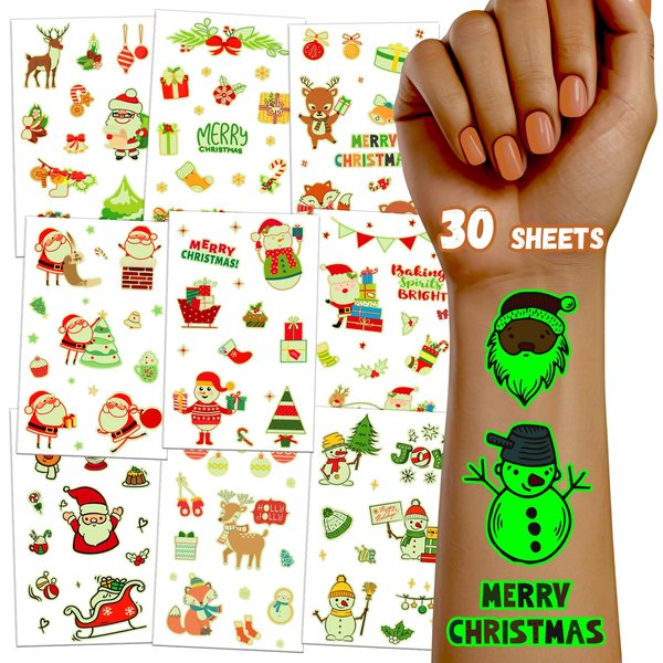TatoYard 30 Sheets of Bulk Christmas Temp Tattoos for Girls and Boys, Kids' Birthday Party Favors and Decorations for Stocking Stuffers, Fake Individual Glows Temporary Tattoo Stickers for Kids