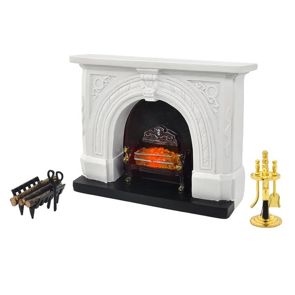 iLAND Dollhouse Furniture and Accessories of Dollhouse Fireplace on 1/12 Scale w/Fire Light & Firewood Rack & Fireplace Tool Kit (Neoclassical 4pcs)