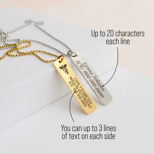 Medical Alert Necklace personalized for men & women, Custom Stainless Steel Engraved ID emergency awareness prescription unisex jewelry for diabetes, allergy, epilepsy & conditions (Vertical Bar)