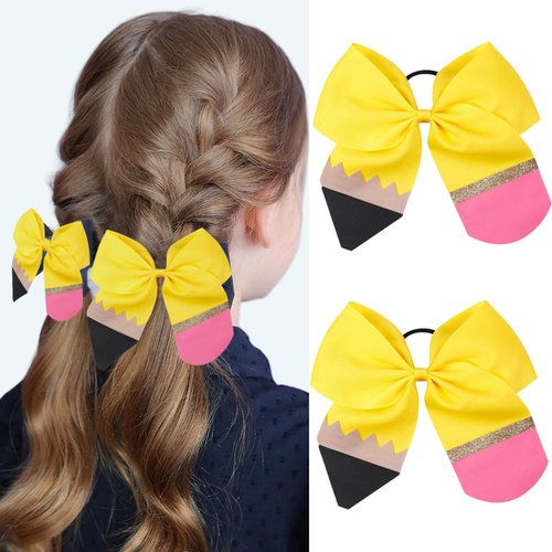 2PCS Back To School Hair Bows Tie Pencil Bows Yellow Pencil Cheer Hair Bow Ties with Elastic Penc...