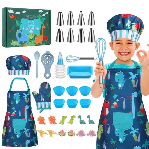 Gemeer Children’s Cooking and Baking Set 34-Pcs Includes Apron for Little Boys, Chef Hat, Oven Mitt & Utensil to Dress Up Chef Career Role Play for 3-7 Years