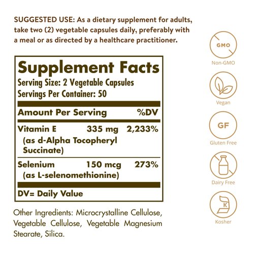 Solgar Dry Vitamin E with Yeast-Free Selenium, Advanced Antioxidant Support - Immune & Skin Support - Non-GMO, Vegan, Gluten Free, Dairy Free, Kosher - 100 Count (Pack of 1)