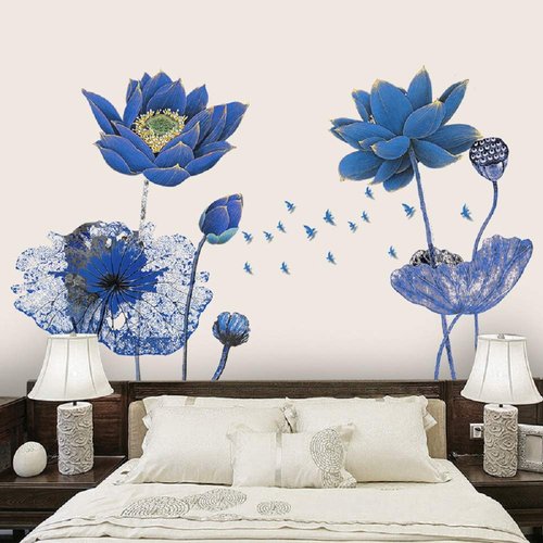 Creative Gaint Cartoon Blue Lotus Wall Stickers Removable DIY Flowers Nursery Decor Wall Decals 3D Floral Peel and Stick Art for Home Walls Girls Bedroom Living Room Classroom Bathroom