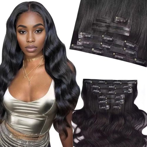 MYouan Seamless Clip In Hair Extensions Real Human Hair Clip Ins Invisible PU Skin Weft Body Wave Clip Ins 100% Unprocessed Human Hair Extensions 8pcs with 20Clips Per Set 120g(16inch,Natural Black)