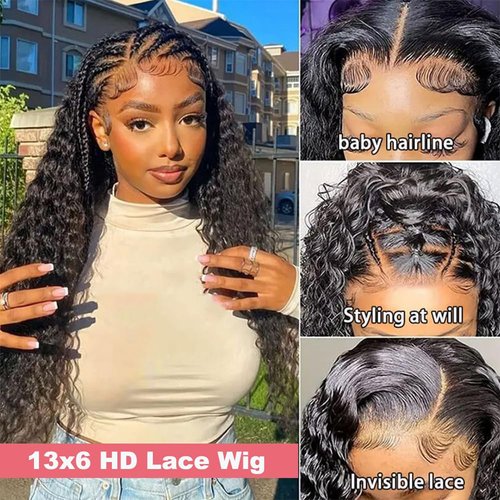 12A 13x6 Deep Wave Lace Front Wigs Human Hair 220% Density 13x6 HD Transparent Frontal Wigs Human Hair for Women Deep Curly Glueless Wigs Human Hair Pre Plucked with Baby Hair Natural Black 26 Inch