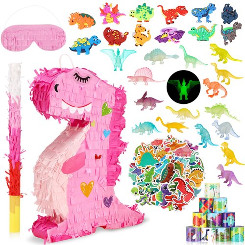 Hanaive 141 Pcs Dinosaur Pinata for Birthday Party, Dinosaur Pinata Set with Blindfold and Baton, 16 x 12 x 3 Inch, Include Kids Dinosaur Themed Party Favors for Boys and Girls(Cute Style)
