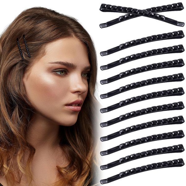 Isslly 12 Pcs Black Rhinestone Bobby Pins, Sparkly Crystal Diamond Hair Pins for Women, Metal Decorative Hair Barrettes for Decoration