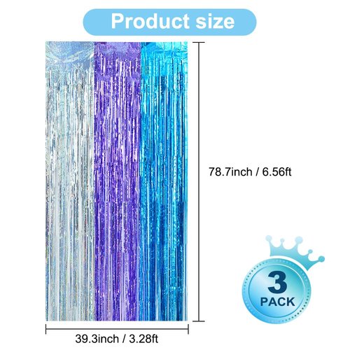 BEISHIDA 3 Pack Streamers Fringe Foil Curtain Backdrop Curtain, Tinsel Curtain Wall Door Party Streamers for Birthday Party Decoration-Silver Blue Purple (3.28 ft x 6.56 ft)