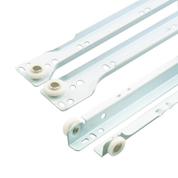 Prime-Line MP7210 Drawer Slide Kit – Replace Drawer Track Hardware – Self-Closing Design –Fits Most Bottom/ Side-Mounted Drawer Systems –15-3/4 In. Steel Tracks, Plastic Wheels, White (1 Pair)