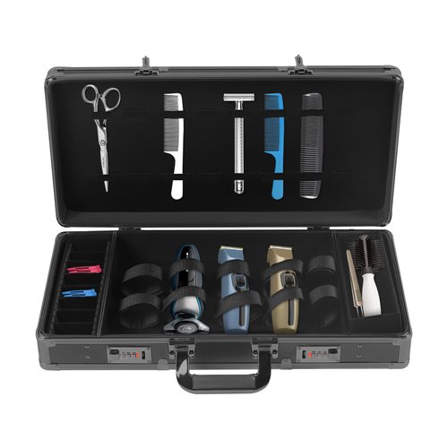 DHBREK Professional Barber Case with Code Lock, Salon Hair Cutting Storage Organizer Kit Stylist Tool Box Traveling Case for Clippers Trimmers Blades Shears Combs Brushes (Black Type 2)