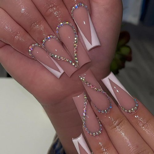AkiliBIELY Square Press on Nails Medium Long French Tip White Pink Bare Fake Nails Ballerina Glue on Nails Acrylic Gel Stick on Nails For Women False Nails Glitter Rhinestone Wedding Birthday
