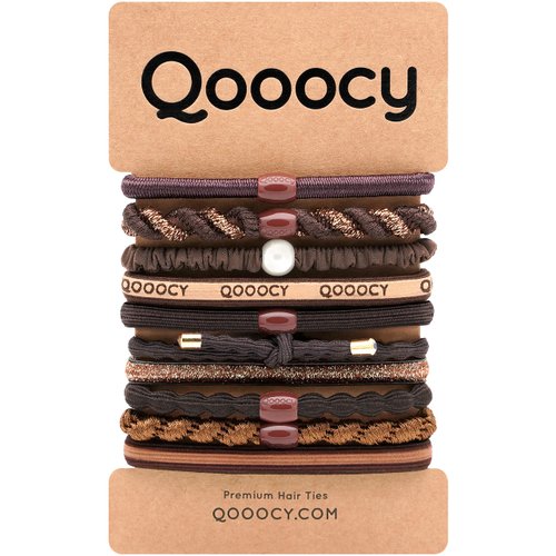 Qooocy Variety Pony Hair Tie Bracelets - 10 Pack Elastic Bands for Thick or Thin Hair, Ponytails, Prevents Breakage, Brown and Black