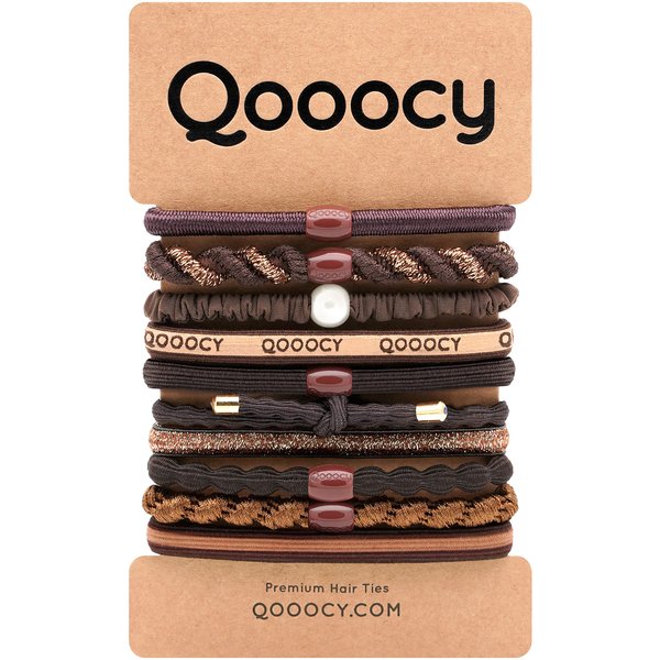 Qooocy Variety Pony Hair Tie Bracelets - 10 Pack Elastic Bands for Thick or Thin Hair, Ponytails, Prevents Breakage, Brown and Black