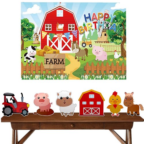 7Pcs Farm Themed Party Supplies,Indoor and Outdoor Farm Animals 3D Table Decoration,Include Farm Animals Centerpieces and Farm Happy Birthday Background Cloth