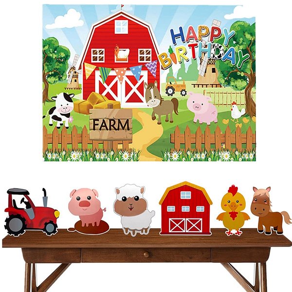 7Pcs Farm Themed Party Supplies,Indoor and Outdoor Farm Animals 3D Table Decoration,Include Farm Animals Centerpieces and Farm Happy Birthday Background Cloth