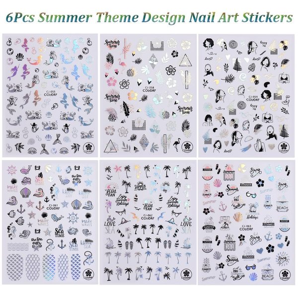 6 Pcs Summer Fun Nail Stickers Decals - SHANRUN Palm Tree Nail Art Stickers Nail Stickers for Nail Art Laser Starfish Beach Tropical Coconut Tree Design Manicure Sliders for Women Nail Art Decorations