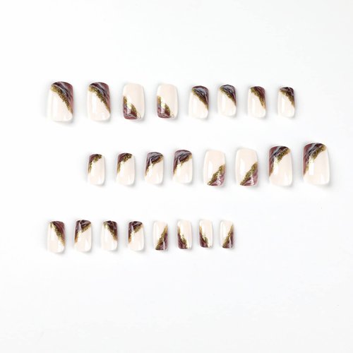 MERVF Square Press on Nails Medium Fake Nails French Tip Squoval Acrylic Nails with Marbling Design 24pcs Purple Glossy Glue on Nails Press ons Glitter