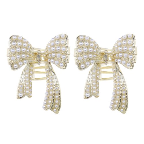 Micro Traders 2PCS Bow Hair Claw Clips Delicate Pearl Hair Claw Clamps Metal Hair Accessories for Girl Women Hair DIY Accessory Headwear Hair Claw Jaw Clips