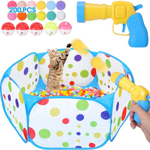 Mity rain Cat Ball Pit with Balls Included, Cat Interactive Toy for Indoor Bored Cats with Cat Ball Launcher, Jingle Balls and Pom Pom Balls, Cat Enrichment Toys, Kitten Toys for Self Playing Blue