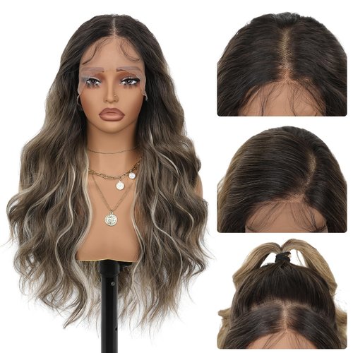 YOGFIT 13x4 Lace Front Wig, 26 Inch Body Wave Synthetic Lace Wig Glueless Pre Plucked Ready to Wear with Baby Hair for Women Natural Looking (Ash Blonde Wigs Highlight Blonde Ombre Dark Root)