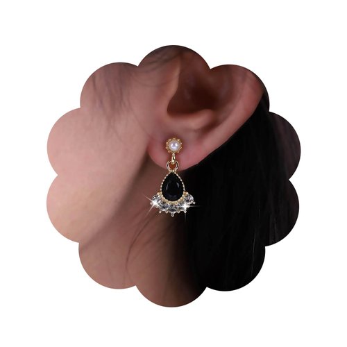 Sttiafay Vintage Black Crystal Teardrop Earrings Crystal Tassel Drop Earrings Gold Pearl Stud Earrings Black Onyx Earring Jewelry for Women