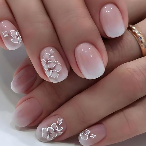 Acrylic Press on Nails Short Square Fake Nails White Ombre Glue on Nails Short False Nails with Flower Gloss Designs Nails Press on Artificial Nails Stick on Nails for Women 24Pcs